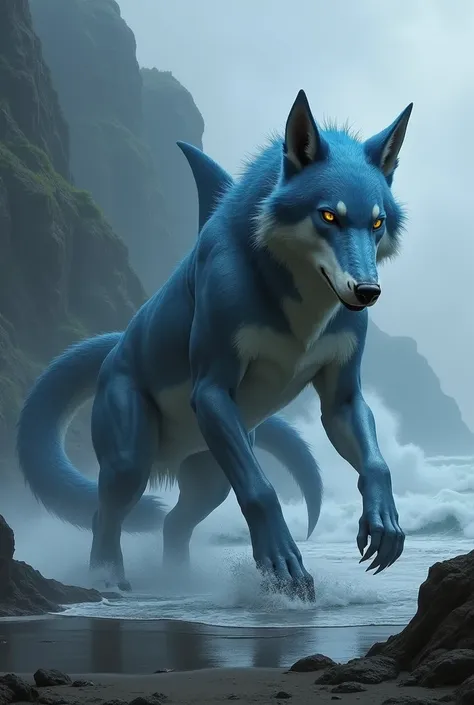 Create an image of a fearsome creature with the body and muscular build of a large wolf, but with the sleek, hydrodynamic features of a shark. Its fur is short and smooth, with streaks of silvery blue that shimmer like water. The creatures head combines th...