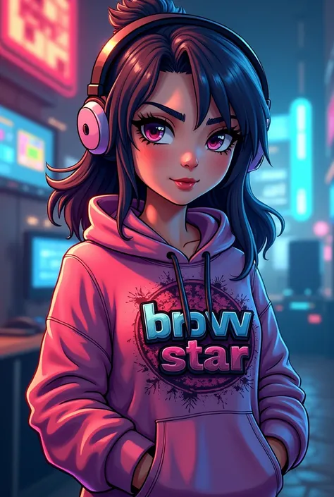  Create a logo mascot where the mascot is a gamer girl with a sweatshirt and has the letters underneath "I browstar" 