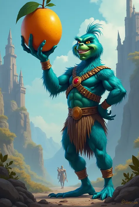 Blue grinch in he-man holding a mango