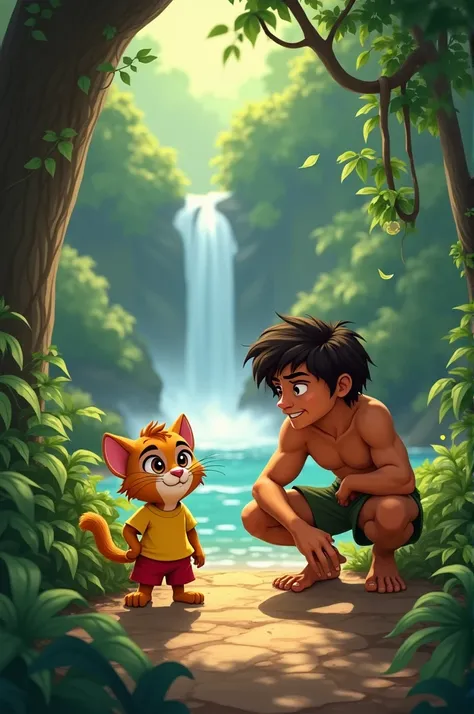 Hearing a Noise Near the River
In a Pixar cartoon style, the fluffy cat cub with its big blue eyes, yellow t-shirt, and red shorts stands on a jungle path, looking curious and alert. Beside him is Tarzan, crouched and listening intently with a serious expr...