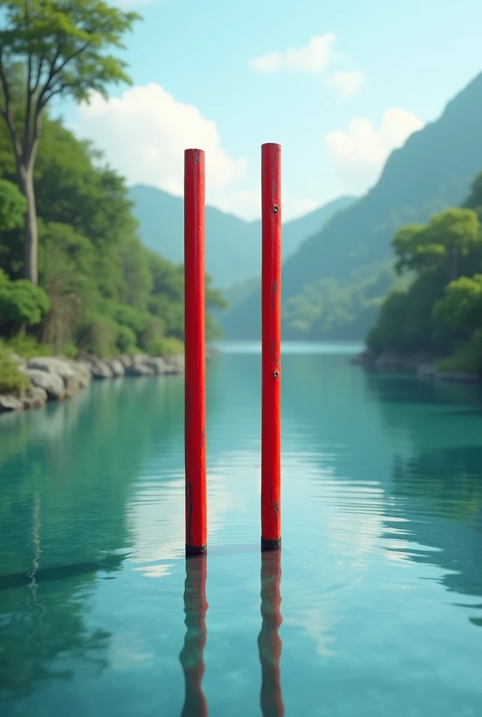 2 sticks painted red in a lagoon
