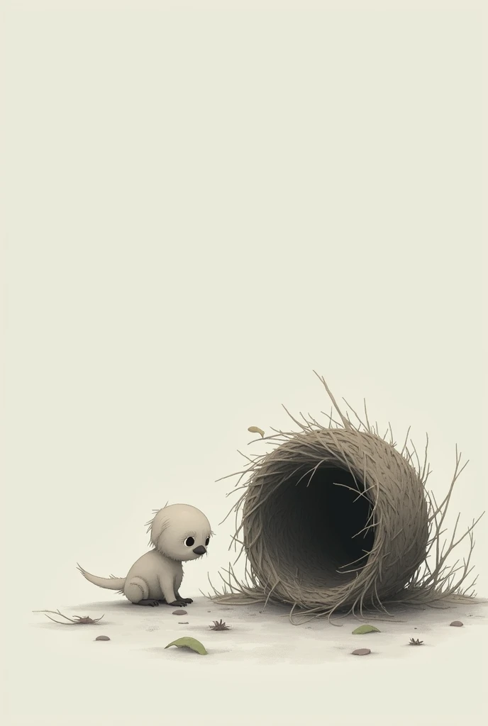 a sad little bird outside the nest and the nest lying on the side of the ground, in white to color  