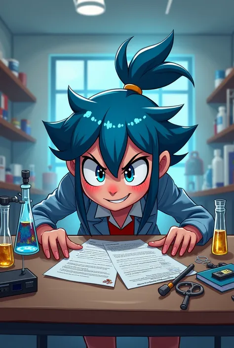 The character Jinx from Arcane in prep science school writing during an exam