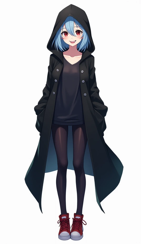 Teenage anime woman has messy light blue medium length hair and large and expressive reddish color and demon smile and with a black hood attached to a long torn black coat and dark V-neck t-shirt with dark-colored tight pants and red sneakers that stand ou...