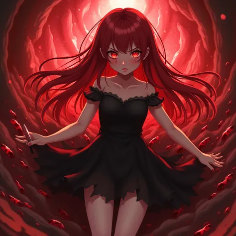 a girl with red flowing long hair,detailed face splattered in blood,beautiful detailed eyes,beautiful detailed lips,extremely detailed eyes and face,long eyelashes,frown,red glowing eyes,black dress,white pantyhose,laying,red crystal storm, holding a knife...