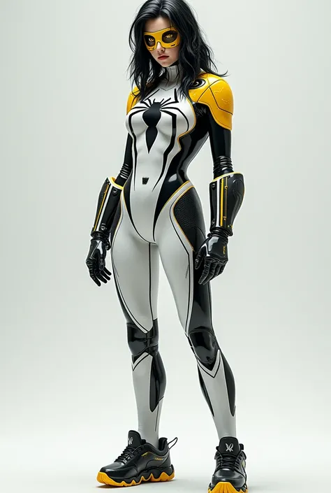 White Spider-man suit techno girl with yellow and black details, yellow eyes and a large spider that runs across the chest, shoulders and waist. in full body. with thick metallic bracelets with vertical divisions and black and yellow shoe soles. with black...