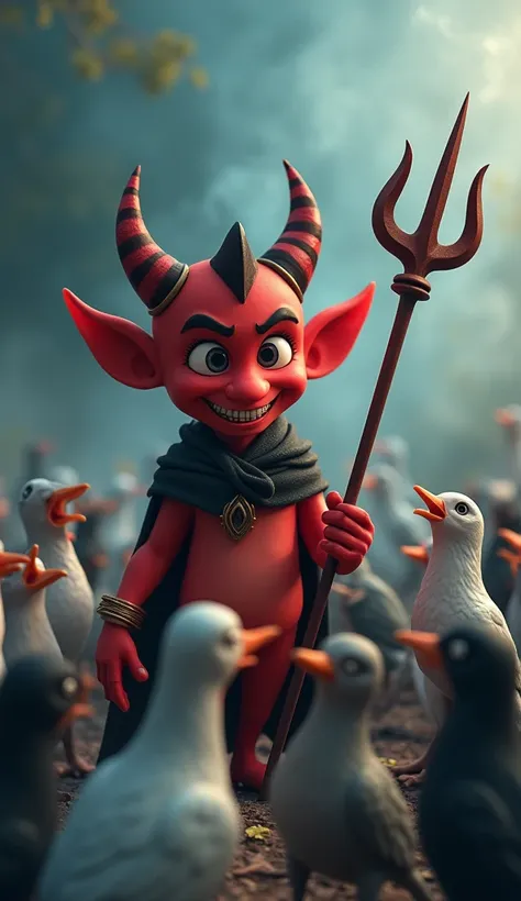 Cartoon devil with horns and a mischievous grin, standing before the birds. Holding a trident, surrounded by swirling smoke. The birds show expressions of surprise and determination as they listen. Real life, detailed, 4k.