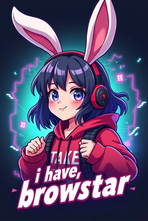 Create me a mascot logo where the mascot is a gamer girl with rabbit ears sweatshirt and underneath it has the letters " I have ,  browstar " 