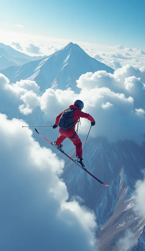  skydives 、 it falls towards the ground、Niseko Ski Resort can be seen at the end of the fall、Im wearing skis、 wearing skis gliding through the air at breakneck speed、Clouds appear behind the skis