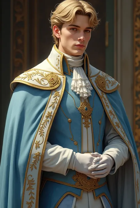  An attractive 24-year-old king with short wavy blond hair  , thin nose , seductive smile and hazel eyes .  Dressed in typical Russian royal dress in shades of sky blue and gold.   She wears white gloves that cover her hands and a light blue cape with gold...