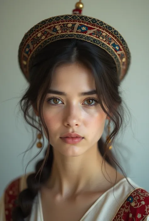 A beautiful student girl has an Uzbek national hat on her head with her hair cut 