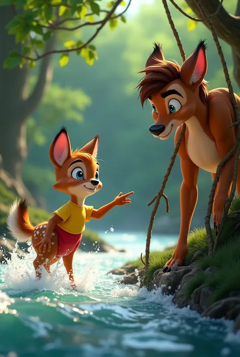 Deer Fawn Trapped in Branches Near the River
In a Pixar cartoon style, a small, frightened deer fawn is tangled in branches at the edge of a rushing river. The fluffy cat cub, with its big blue eyes and yellowt-shirtandredshorts, stands on the riverbank, l...