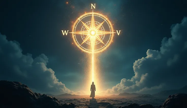 A surreal and highly detailed fantasy art depiction of a mystical compass glowing with radiant, ethereal light, floating above a dark and infinite cosmic landscape. The compass points toward faint, otherworldly realms filled with swirling energies and cele...