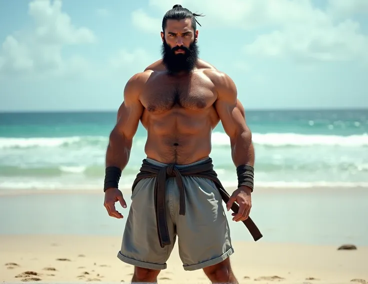  uncensored, muscle, ninja,  naked torso , fitted gray boxer shorts, hairy body ,  Muscular Arms, Beludo feet ,  ninja style wooden sandal,  fondo playa, standing in front, black beard, dark brown eyes, Ninja style tied hair , without strap,  full body 