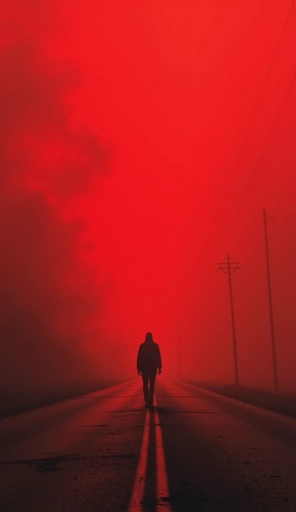 A person stranded on the road in red smoky weather