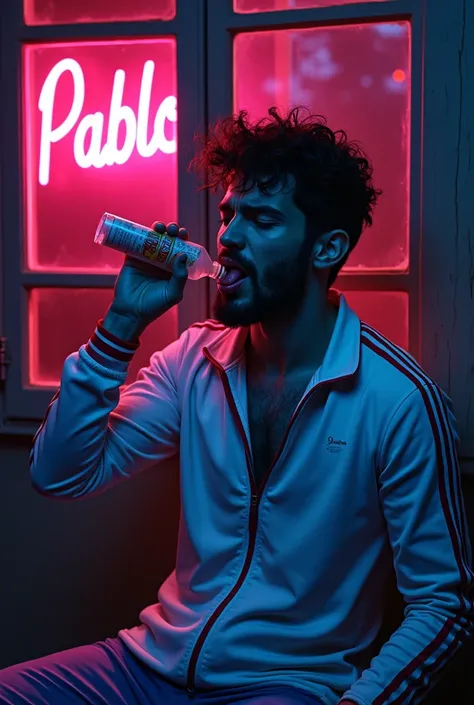  A window that shows the word Pablo .  with a neon sign. There is a bearded, dark-haired gay man who snorts from a small bottle and goes with everything sporty. He has a bad face and sticks out his tongue .