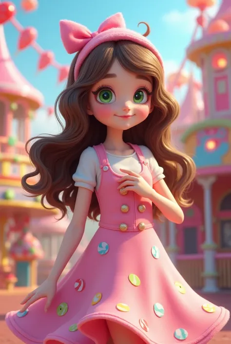 White-skinned LOL character,  with brown hair , long wavy hair,  light green eyes ,  pink dress with candy print, Candy Amusement Park Background, snack y rides 