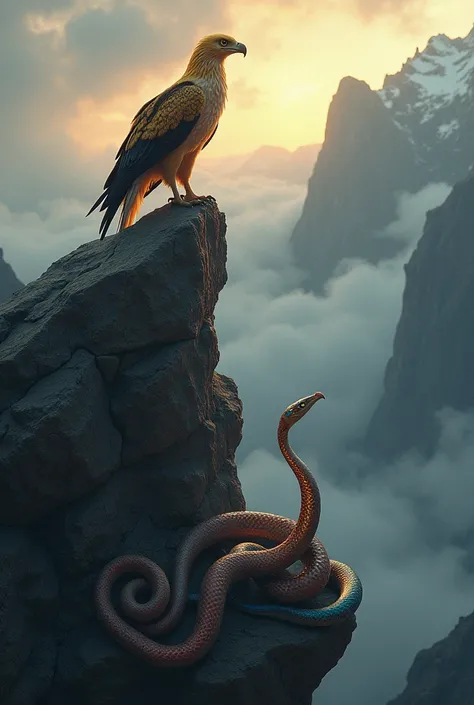  A dramatic mountain landscape ,  with a cloudy sky at dusk .  On top of a rugged rock ,  a majestic eagle perches with its wings extended ,  its golden plumage reflecting the light of the setting sun . At your side, on the rocky ground ,  a snake with bri...