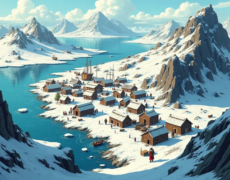 Imagen estilo ComiCs,  image of Greenland, époCa vikinga, Years 1000 D.C,  Con muChos asentamientos, image seen from above. 