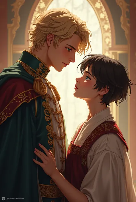  Make an image of Ash Lynch wearing a princes costume, with Eiji Okumura from Temple Boy , with black eyes .  Set in a story of love and drama . 
 the image must be realistic . I loved this image , Dont change anything ,  only that the dark-haired boy has ...