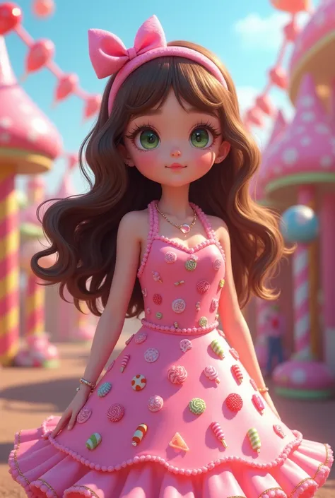  white-skinned LOL character,  with brown hair , long wavy hair,  light green eyes , pink dress with candy and lollipops print, Candy Amusement Park Background, snack y rides 