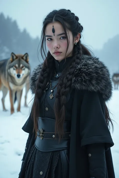 
19 year old girl,  charcoal-black hair , far away, wavy and loose with some braids   ,  striking gray eyes  , on a serious face , aristocratic and delicate  . elegant posture, confident and menacing .  Has a central birthmark all over the face, of the ski...