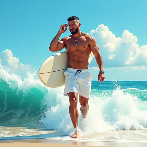 A muscular man, white skin and shirtless comes out of the ocean carrying a white surfboard under his arm. He’s wearing white Nike shorts and a necklace. His black buzzcut hair and short beard, and he’s running his hand through it. The ocean is agitated and...