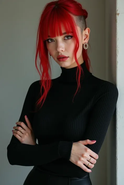 a beautiful woman, red hair, face of Lisa from Blackpink, with bangs, shaved sides, arms crossed, black clothes, black collar up to the neck, serious face, long hair, shaved side, a little showing SHAVED HAIR girl