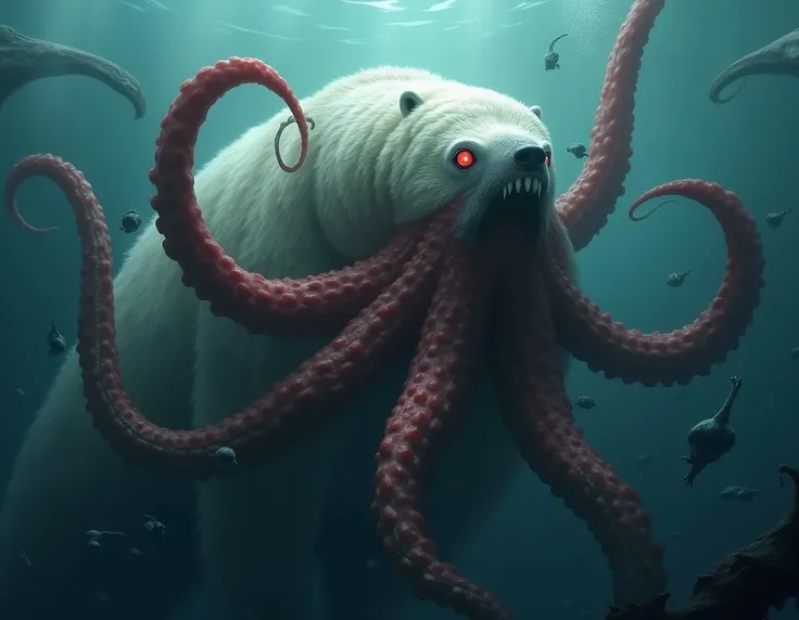   a realistic image of a 3-meter polar bear in the water being attacked by a giant squid twice its size, much larger than the bear , The bear must be strangled by the tentacles of the squid , , which must have only one eye, red skin and 10 tentacles , Ever...