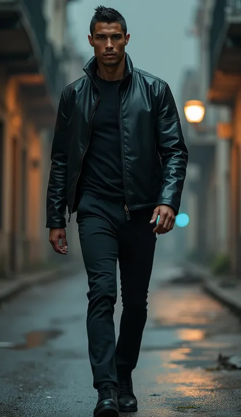 “Cristiano Ronaldo, in a tailored dark leather jacket and black trousers, strides toward the camera with a commanding presence. The camera angle is low, capturing his muscular physique and powerful stride as he walks through an abandoned urban street. His ...