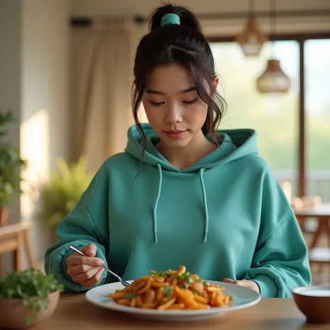 young indonesian girl, medium ponytail hairstyle, fit body, big breast, wear turquoise hoodie, get lunch, at dining room indide her house, bright by windows light