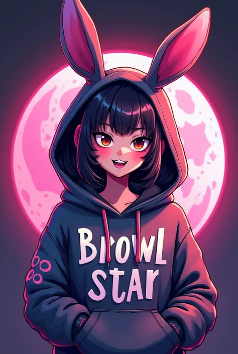 Create me a mascot logo where the mascot is a gamer girl with rabbit ears sweatshirt and underneath it has the letters name " Nayi browl star " 