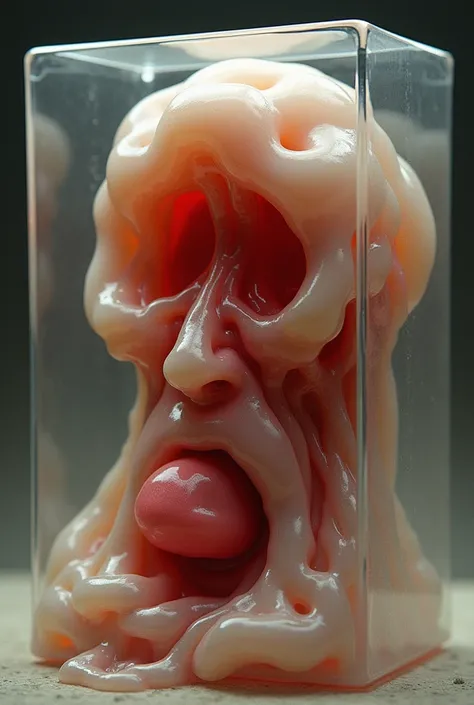 a close up of a plastic object with a red object in it, an engraving by Ivan Ranger, reddit, dada, vocal tract model, highly detailed melted wax, jelly - like texture, silicone skin, slimy pus oozing specular, oozing, female gigachad, waxy, in plastic, jel...