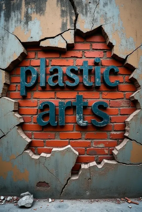 Write the word PLASTIC ARTS ON A BRICK WALL THAT IS BREAKING