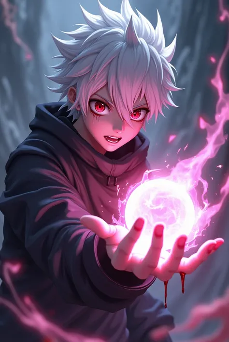 White-haired anime character with red eyes and blood in his mouth with an energy ball in his hand