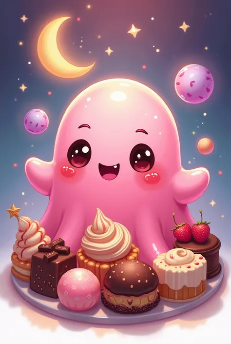  A logo with a very cheerful Celestial Jelly with chocolate and ice cream things, coffee and desserts so soft and delicious 