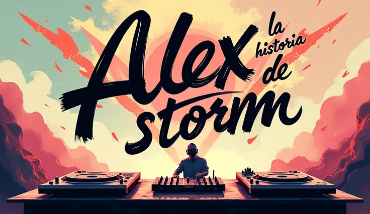 A conceptual artwork piece displaying the title "La Historia de Alex Storm" written in bold, flowing script. At the bottom, a DJ mixer and turntables are shown, with no visible person present. The background is a blend of abstract shapes, colors, and patte...