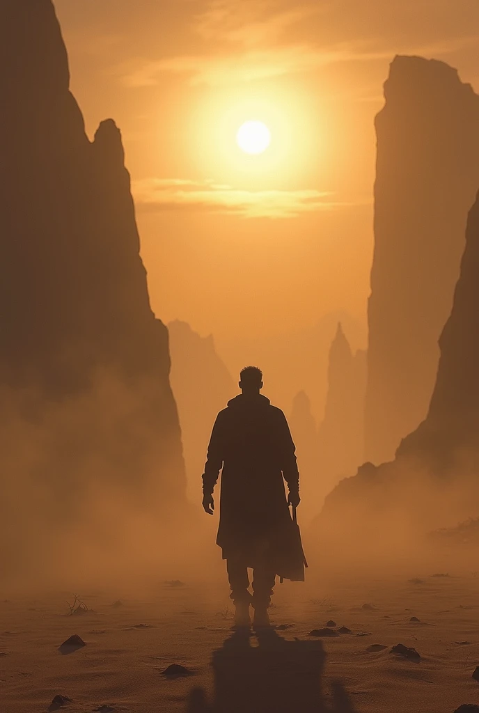 A silhouette of a man travelling In hell, distant, looking at the sky, bright sun, desert environment, tall dunes, sandstorm