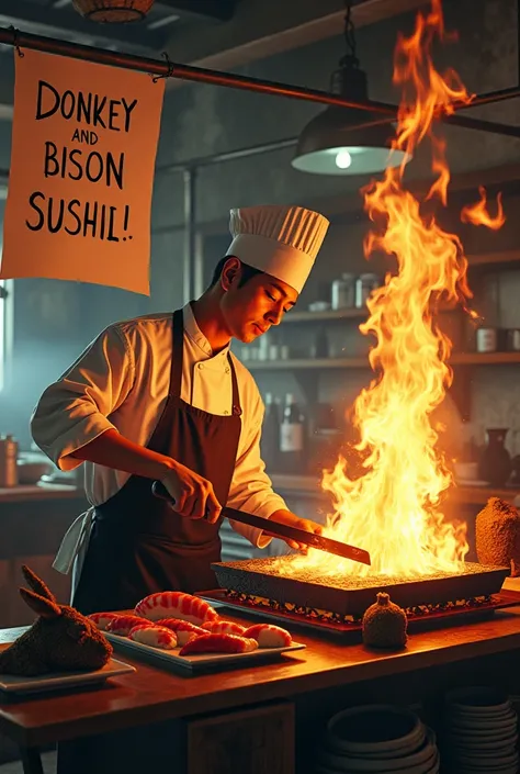 Un maitre du feu qui fait des sushi Avec un panneau  de vente ecrit " sushis  dane et de bisons" et avec une tete de bisons et une tete dun ane sur la table