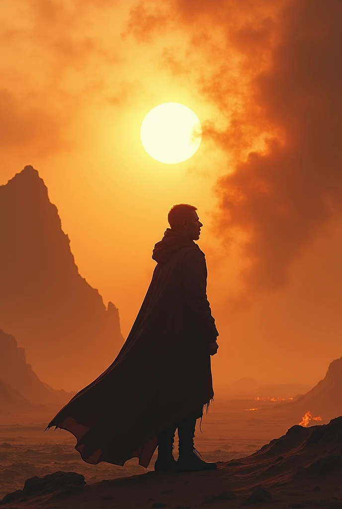 A silhouette of a man wearing a cloak travelling In hell, distant, looking at the sky, bright sun, desert environment, tall dunes, sandstorm