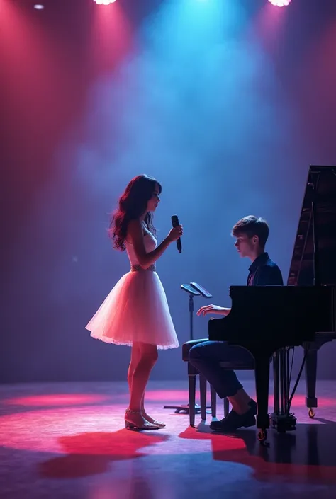 A singer girl on the stage, singing Voila song with beautiful dress, she is in the center of the stage and from the right side there is a piano player men at age 20. The Stage has proper color effects. View is from the front.