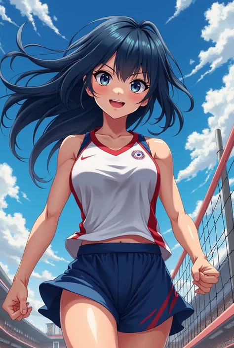  A female character with traits from the anime Haikyuu!! with dark blue hair , black eyes and white skin 