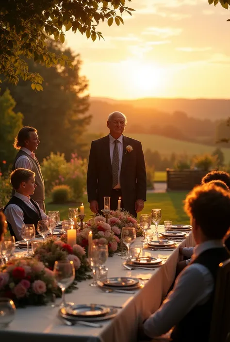 "An elderly man, elegantly dressed in a suit, stands in the center of a beautiful farm estate during golden hour. Around him, a large banquet table is set outdoors, decorated with fine linens, candles, and flowers, while staff members, including a gardener...