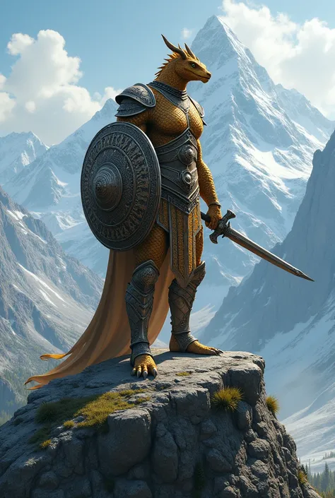 Dragonborn on top of a mountain with big shield AND short sword, gold skin and a chaínmail