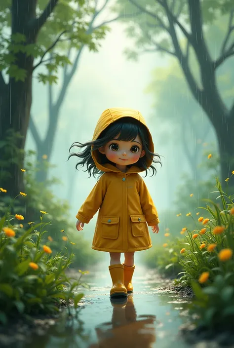 young girl walking in the rain