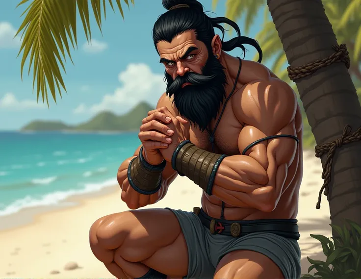  uncensored, muscle, ninja,  naked torso , hairy body ,  Muscular Arms, Beludo feet ,  ninja style wooden sandal,  fondo playa, tied hands up with a palm tree, black beard, dark brown eyes, Ninja style tied hair , without strap,  full body ,  one-eyed righ...