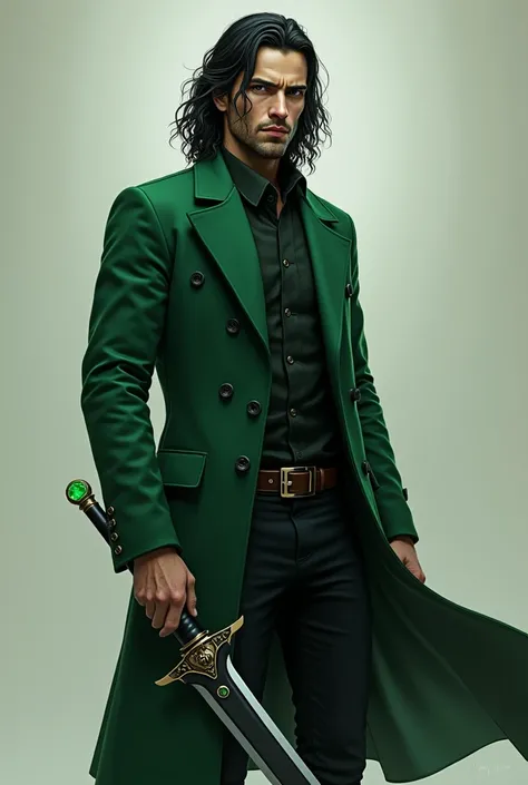 A man in a green coat, 30 years old,  black hair,  without a beard ,  holds in his right hand a black sword with a black blade and a head in the form of a skull, in his left hand, a short dagger with emeralds on the handle , 