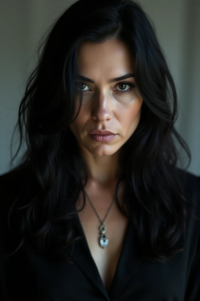  Realistic photo mature woman ,  long black hair, dark brown eyes ,  serious and unhinged look. 