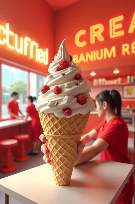 Believe me the order of a fast-food place with stuffed cones where the color theme is red, orange and white.