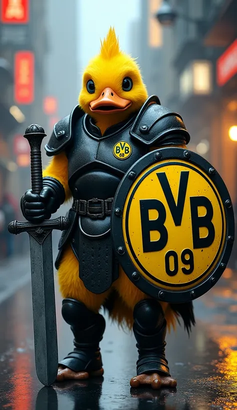 A muscular humanoid duck wearing intricately detailed war armor, holding a massive sword in one hand and a shield adorned with the Borussia Dortmund football team logo in the other, standing confidently on a wet urban street. The armor is black and yellow,...